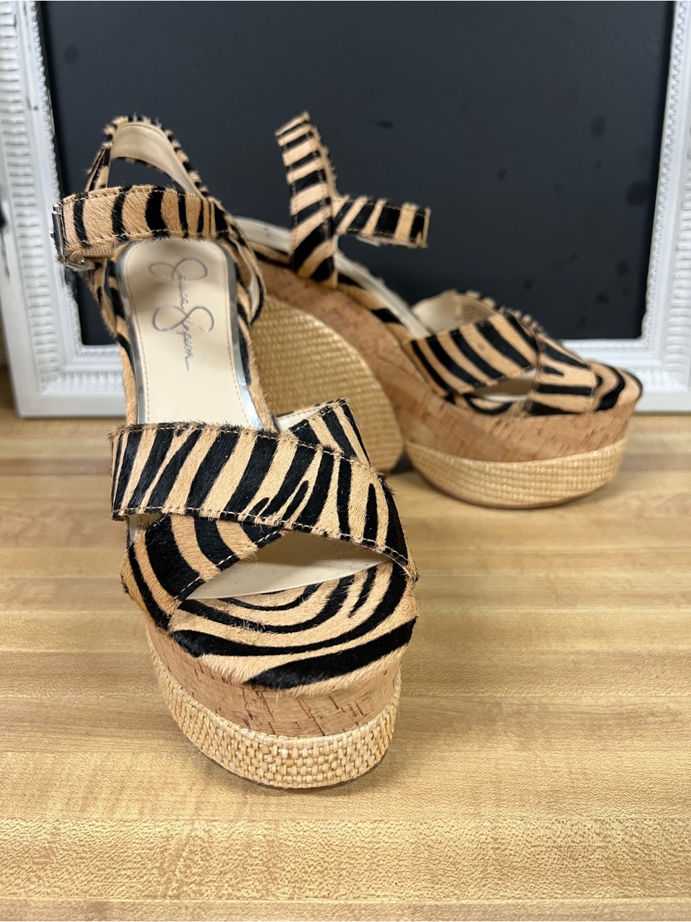 Jessica Simpson cow hide Zebra-Print Platform Espadrille Sandals - Black & Tan